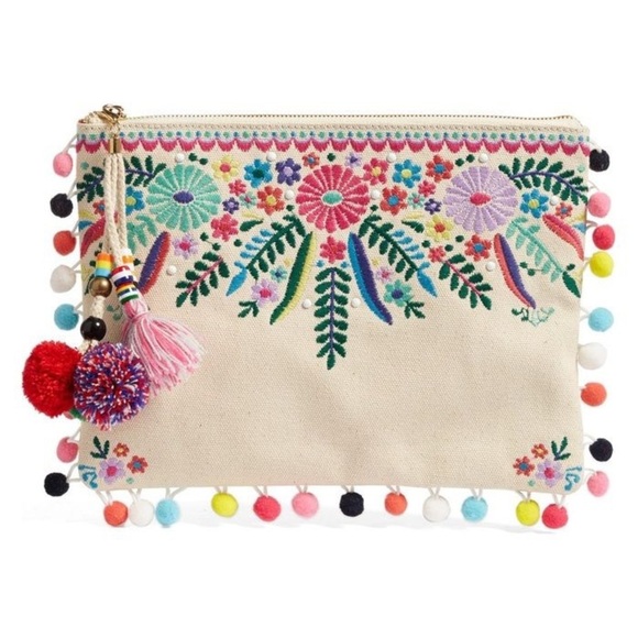 Steven By Steve Madden Jyme Colorful Embroidered Pom Pom Clutch Pouch Natural - Picture 1 of 12